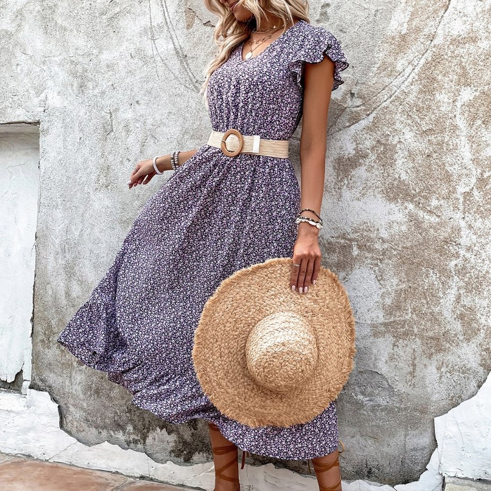 New Ditsy Floral Print Butterfly Sleeve Ruffle Hem Dress Without Belt